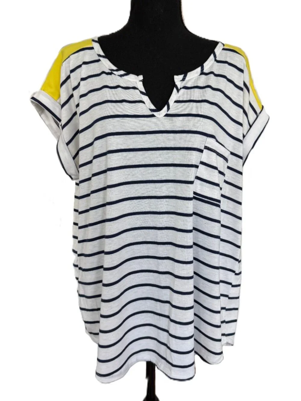 Papermoon | Colorblock Knit Top | Striped | White Blue Yellow | 1X - Picture 8 of 10